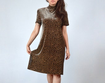 90s Y2K Animal Print Dress, L | Vintage 1990s Fuzzy Leopard Short Sleeve, Large