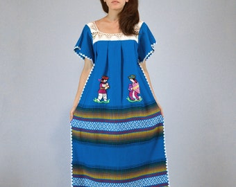 Blue Mexican Blanket Dress, Medium | Vintage 80s Boho Crochet Neck Tent Dress, M