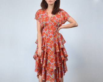 80s Colorful Floral Dress with Tiered Ruffle Skirt, Medium