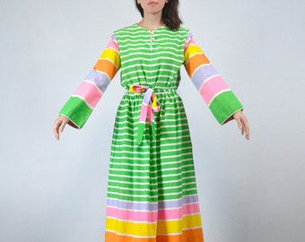 Vintage 1970s Lounge Dress, M to L | Rainbow Striped Long Sleeve Maxi