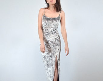 1990's Y2K Silver Maxi Dress, XS to S | Metallic Crushed Velvet Backless Prom Dress