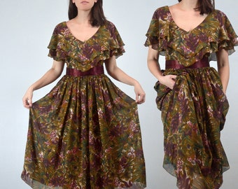 Vintage 80s Olive & Burgundy Floral Dress, XS to S