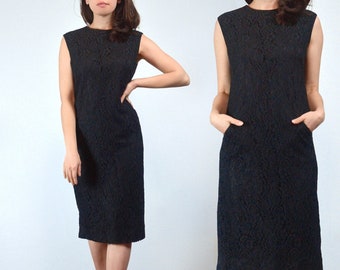 Vintage 1960s Black Lace Shift Dress, M