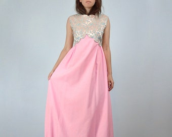 1960s Metallic Pink Brocade Evening Gown, S