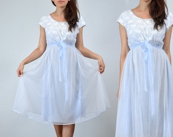 1970s Baby Blue Nylon Nightgown - size 38/40 Bust | Cap Sleeve Sheer Lace Lingerie