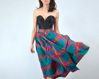 80s Plaid Cotton Skirt with Pockets, S | Colorful Button Up Midi Skirt