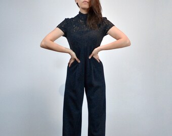 90s Black Lace Jumpsuit - Extra Small to Small | Short Sleeve Sheer Minimalist One Piece, XS S