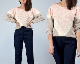 80s Puff Sleeve Knit Sweater, Medium | Vintage Beaded Pastel Pink, Ivory and Beige Top