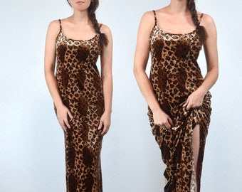 Leopard Print Maxi Dress, S to M | Vintage 90s Animal Print Bodycon Spaghetti Strap Dress