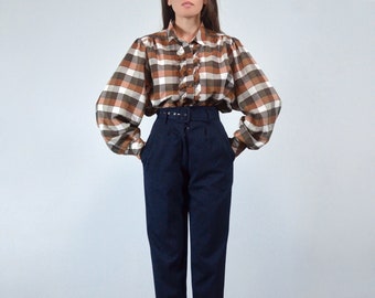1970s Retro Blouse, XL | Vintage Brown Checkered Button Up Shirt