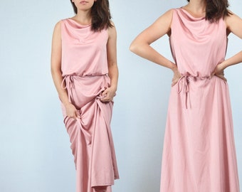 70s Dusty Pink Cowl Neck Maxi Dress, Medium