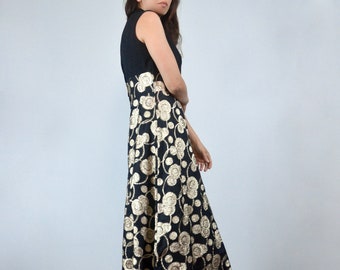 60s 70s Metallic Gold Maxi Dress, M