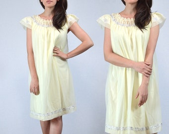Pale Yellow Nightgown Dress, M | Vintage 70s Sheer Babydoll Nightie, Medium