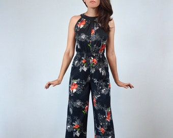 70s Floral Wide Leg Jumpsuit, XS to S