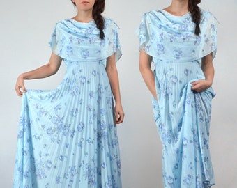 1970s Light Blue Maxi Dress, S | Vintage Long Floral Pleated Gown