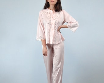 Vintage 70s Pajama Set, S | Pale Pastel Pink Two Piece Lounge Wear