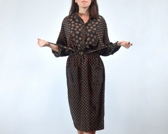 80s Black Patterned Dress, XL |  Long Sleeve with Pockets