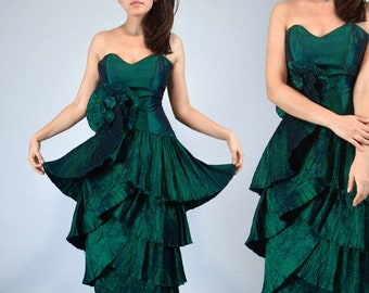 80s Strapless Party Dress, XXS | Vintage 1980s Dark Forest Green Tiered Prom Dress