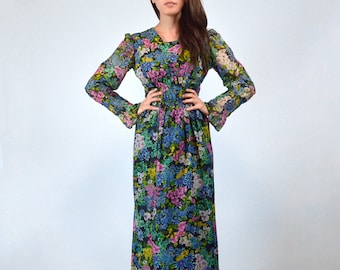 1960s 70s Long Sleeve Floral Maxi Dress, S | Vintage Flower Print Dress, Small