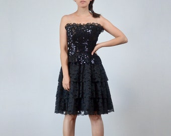 80s Strapless Sequin Party Dress, Small | 1980s Black Sequined Lace Prom Dress, S