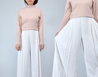 80s White Pleated Palazzo Pants, M to L