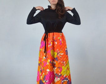 1970s Quilted Maxi Dress with Pockets, L | Vintage Colorful Floral Boho Dress