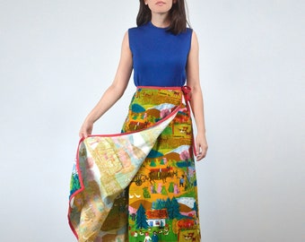 Vintage 1970s Wrap Skirt, S to M | Long Scenic Novelty Print Skirt