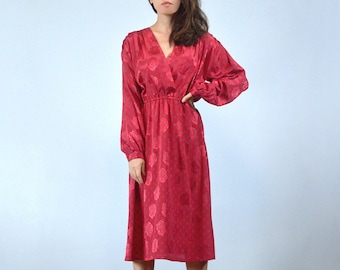 70s red floral rose print dress, M to L