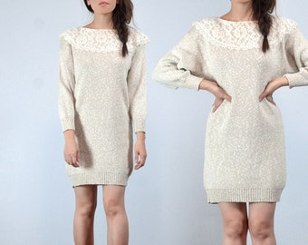 Vintage 80s Sweater Dress, S to M | Cosy Lace Collar Knit Dress