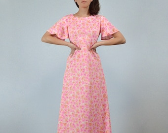 70s Pink & Orange Flutter Sleeve Maxi Dress, S