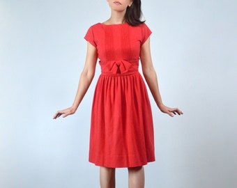 Vintage 50's Red Dress, XXS to XS | Short Sleeve Day Dress with Bow