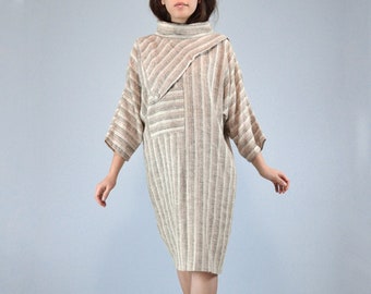 1980s Oversized Sack Dress - Medium to Large | Vintage Nubby Beige Striped, M L