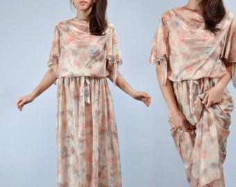 70s Sheer Floral Dress - M | 1970s Beige Flower Print Maxi Dress, Medium