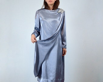 70s Steel Blue Sequin Satin Dress, L to XL