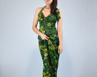 1970s Green Halter Maxi Dress - Extra Small | Long Floral Sundress, XXS XS