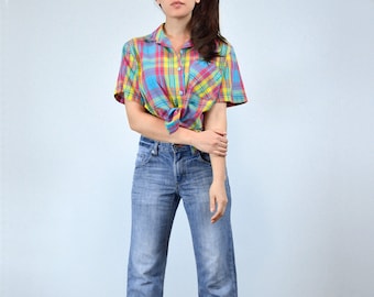 80s Colorful Plaid Blouse, M | Retro Collared Button Down Shirt