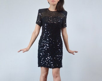 80s Sheer Black Sequin Short Sleeve Cocktail Dress, M