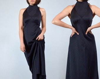 Vintage 1970s Disco Dress - S | Black Strappy Back Long Maxi, Small