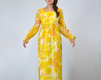 Vintage 1960s Yellow Floral Dress, Medium |  Sheer Long Sleeve Flower Print Summer Maxi Dress, M