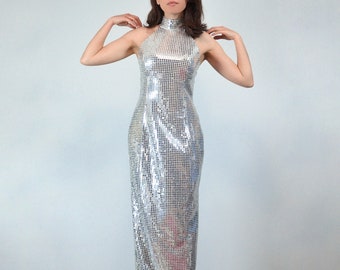 80s Silver Sequin Dress, XS | Vintage Long Prom Party Cocktail Dress