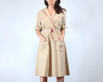 70s 80s Beige Camp Uniform Dress, M to L