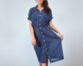 Vintage 70s 80s Navy White Polka Dot Sheer Day Dress, M to L