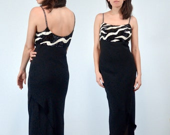 Y2K Sequin Dress, XS | Vintage Minimalist Black & White Party Dress