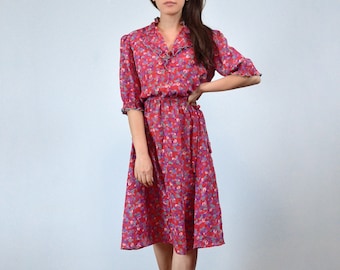 80s Sheer Red Floral Print Day Ruffled Dress, L