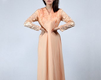 Vintage Orange Dress, Medium to Large | 1970s Long Sheer Sleeve Maxi, M L