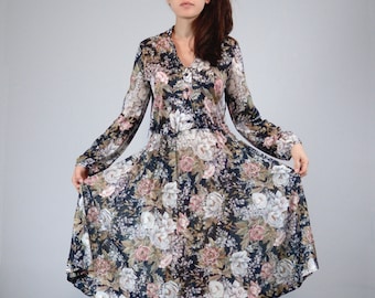 Sheer 70s Floral Dress, M to L | Vintage 1970s See Through Long Sleeve Sundress