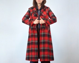 1970s Hooded Plaid Wool Coat, XS to S