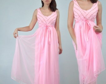 70s Pink Nightgown Dress, XS to S | Vintage Sheer Embroidered Nightie