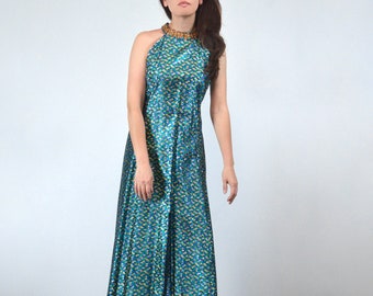 70s Metallic Maxi Dress, M | Long Sleeveless Party Dress