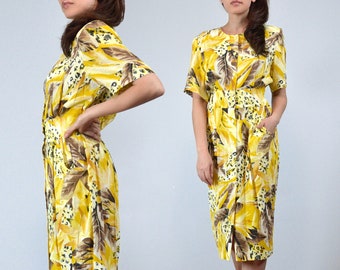 80s Yellow Rayon Dress, M | Vintage 1980s Short Sleeve Abstract Print, Medium